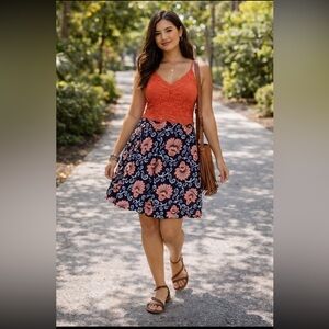 Talbots Navy and Coral Floral A-Line Skirt size 18.
